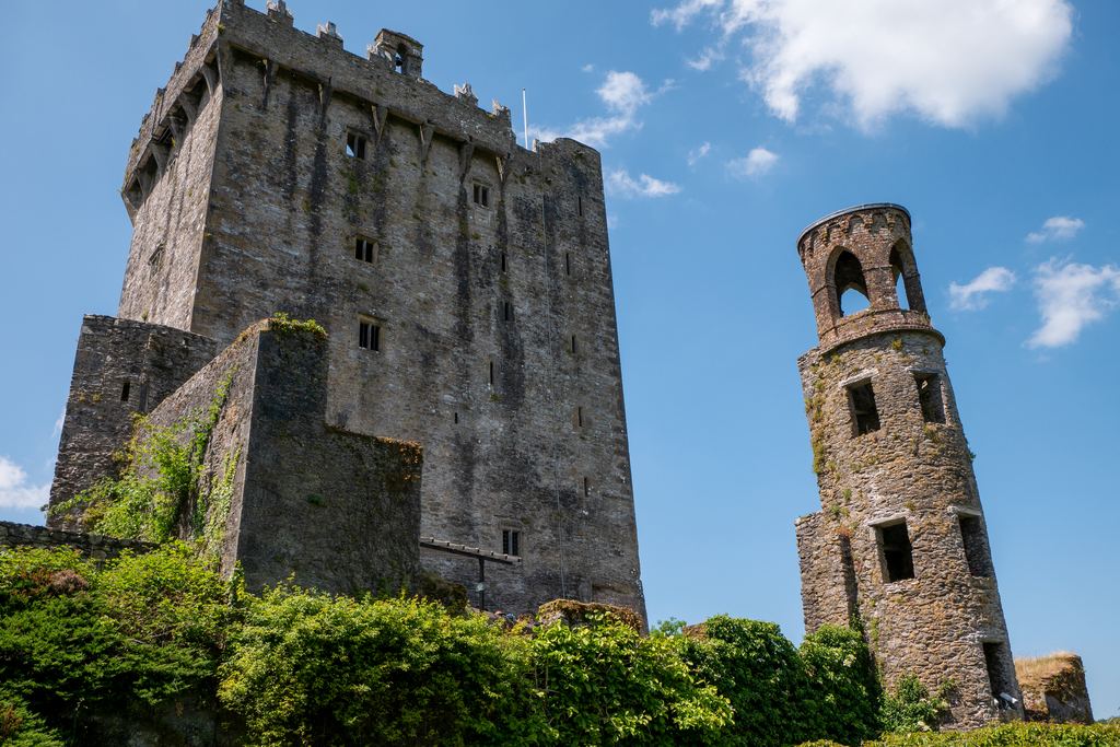 The battlemented keep of Blarney Castle and the ruined round tower beside it, seen from below against a blue sky.