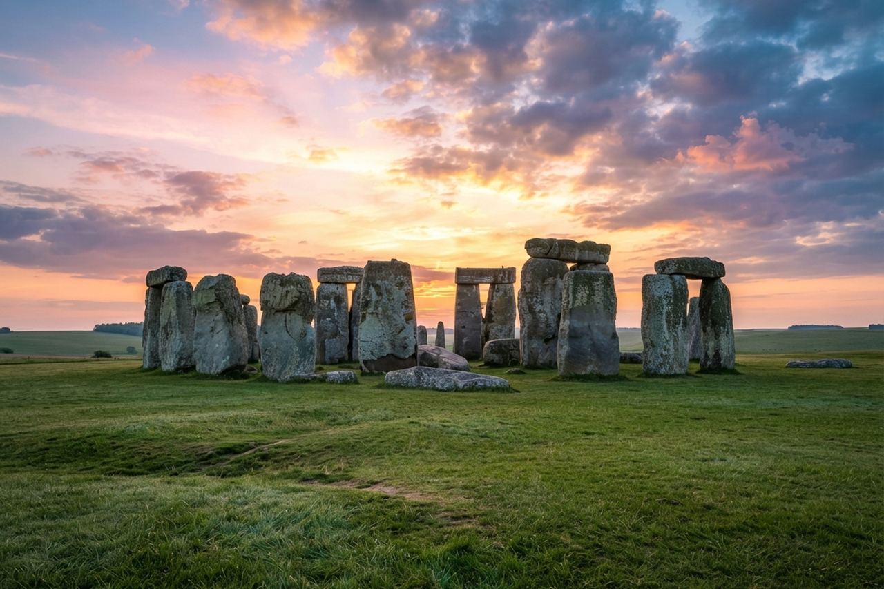 The standing stones of Stonehenge on Salisbury Plain, lit by a pink and gold sunrise over the open grassland.
