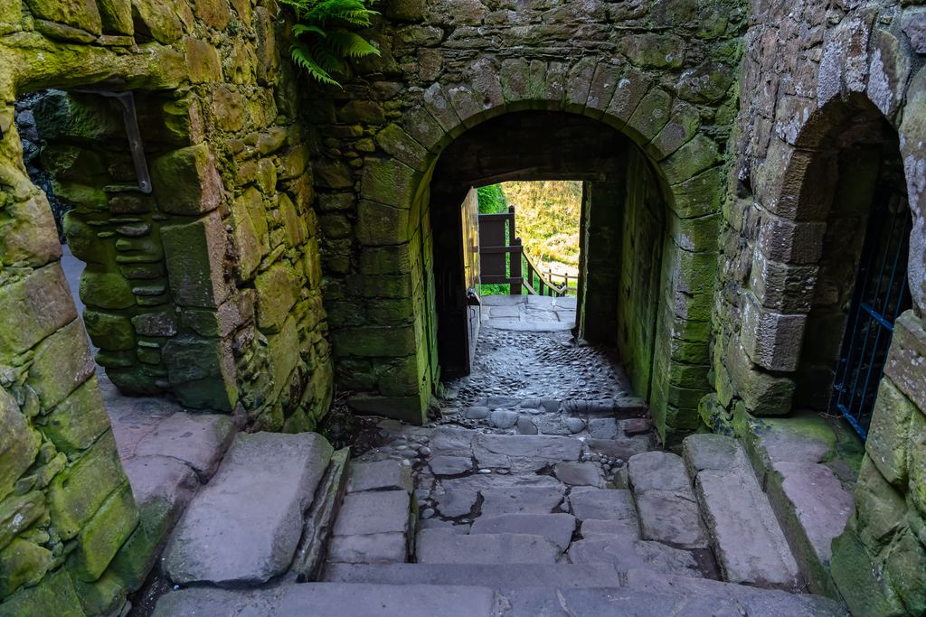Uneven cobbled steps climbing between the mossy stone walls of Dunnottar Castle towards an arched gateway.