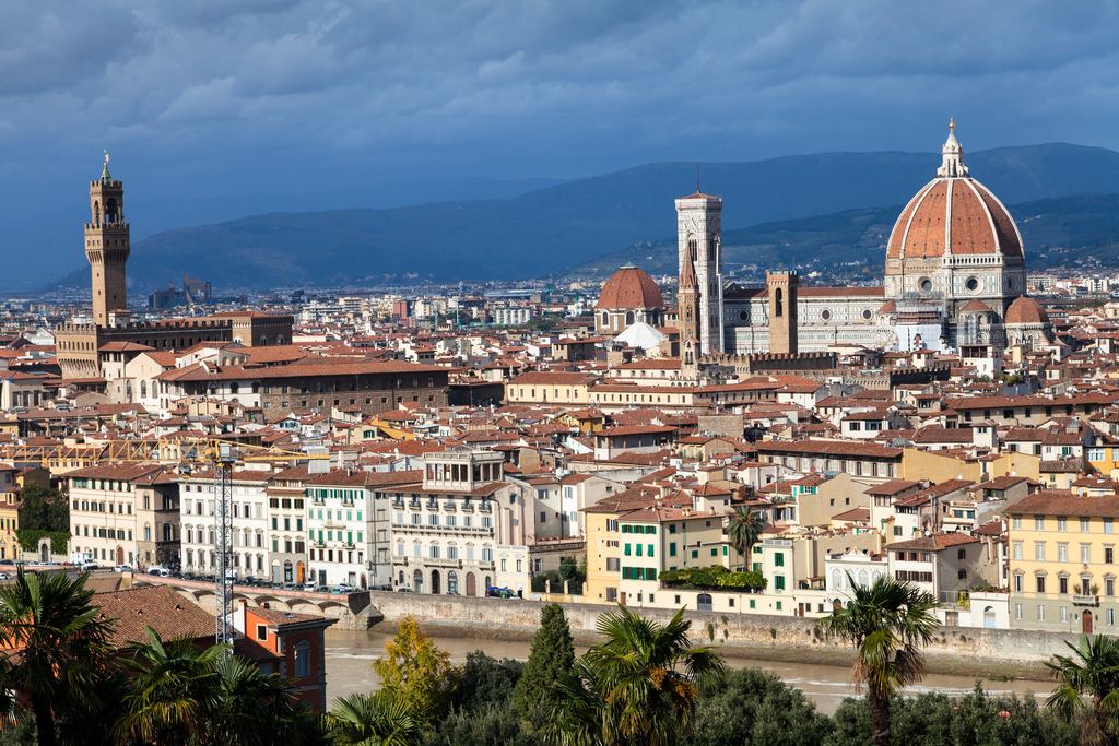 The Florence skyline seen from above, the dome of the cathedral and the tower of Palazzo Vecchio rising over the tiled roofs of the old city.