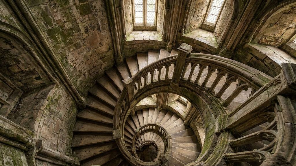 A wide stone spiral staircase curving up through a roofless hall with tall gothic windows open to the sky.