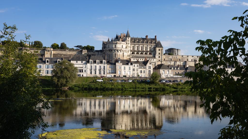 The Royal Chateau of Amboise on its terrace above the Loire, framed by trees and still water.