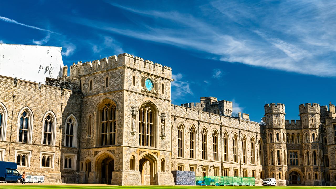 The Gothic facade of the State Apartments in the Upper Ward of Windsor Castle, seen from the courtyard below.