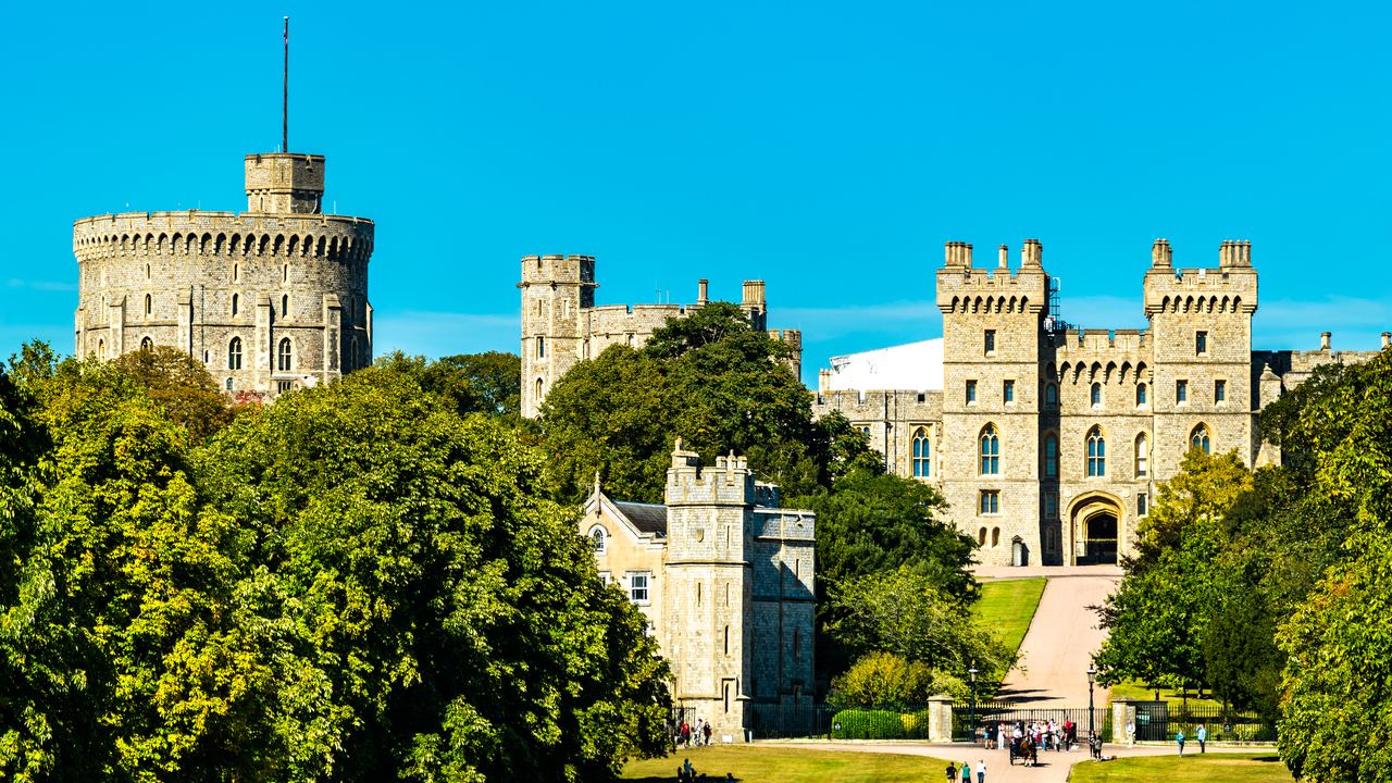 Windsor Castle rising above the trees at the end of the Long Walk, with visitors on the avenue below.